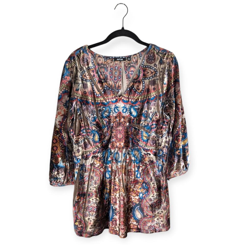 Paisley‎ Floral Velvet Babydoll 3/4 Sleeve Blouse Sz Medium Y2K Boho Hippie